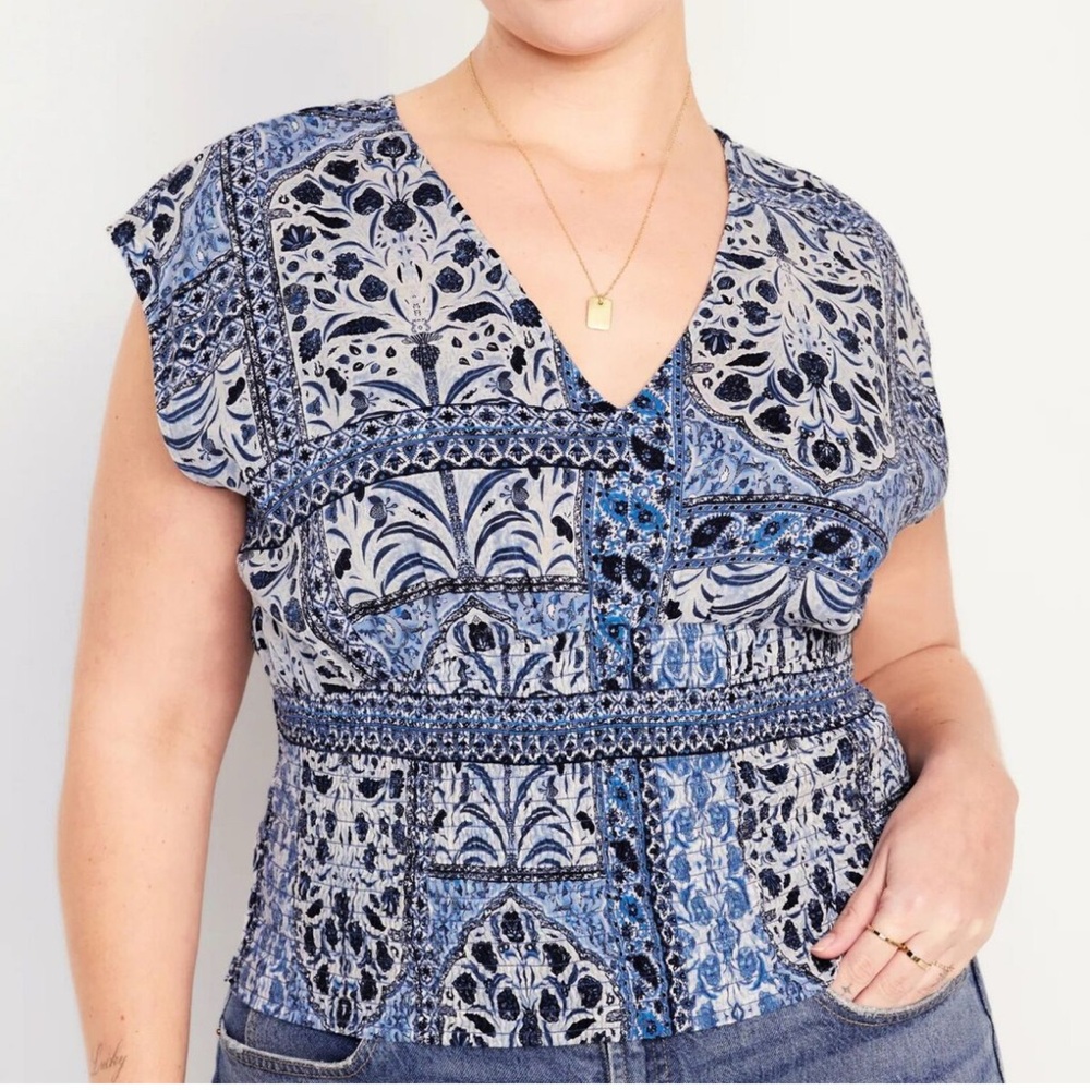 Smocked Bottom Blue Patterned Top Patchwork Print